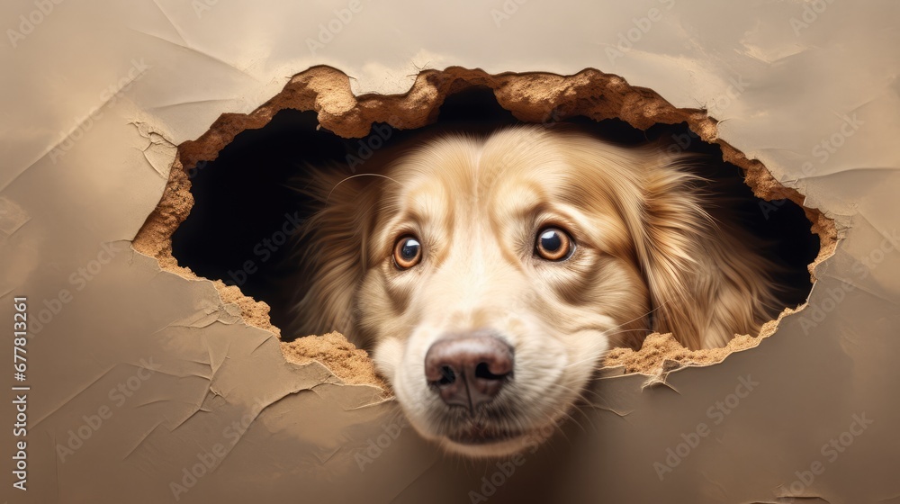 Poster a close up of a dog poking its head out of a hole in a piece of paper that has been torn open and ha