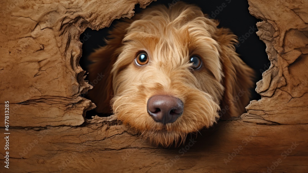 Poster a close up of a dog's face peeking out of a hole in the bark of a tree trunk with it's nose sticking