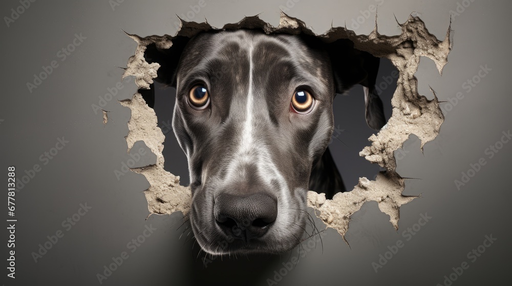 Poster a close up of a dog's face looking through a hole in a wall with a hole in the middle that has a hol