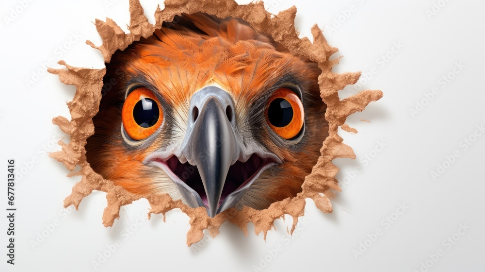 Poster a close up of a bird's face through a hole in a paper cut in to it's outer outer outer outer outer w
