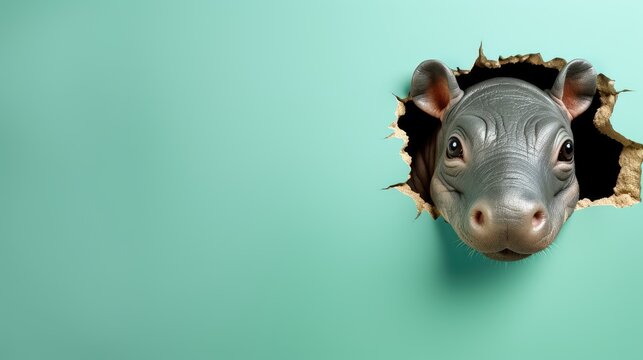  a baby hippopotamus poking its head out of a hole in a green wall with a hole in the side of the wall to show it's face.