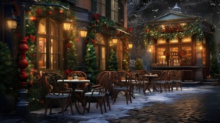  a night scene of a restaurant with christmas decorations on the outside of the building and tables and chairs on the outside of the building. - obrazy, fototapety, plakaty