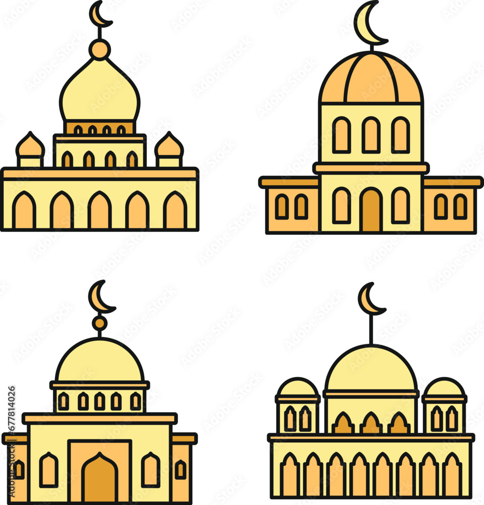 Poster mosque building icons set. outline set of mosque building vector icons thin line color flat on white