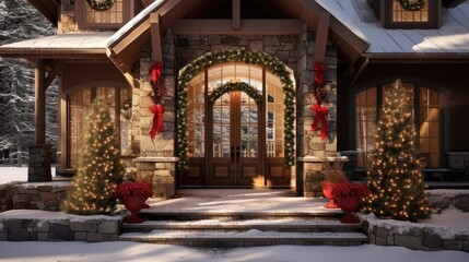  a house decorated for christmas with wreaths and wreaths on the front door and wreaths on the steps.