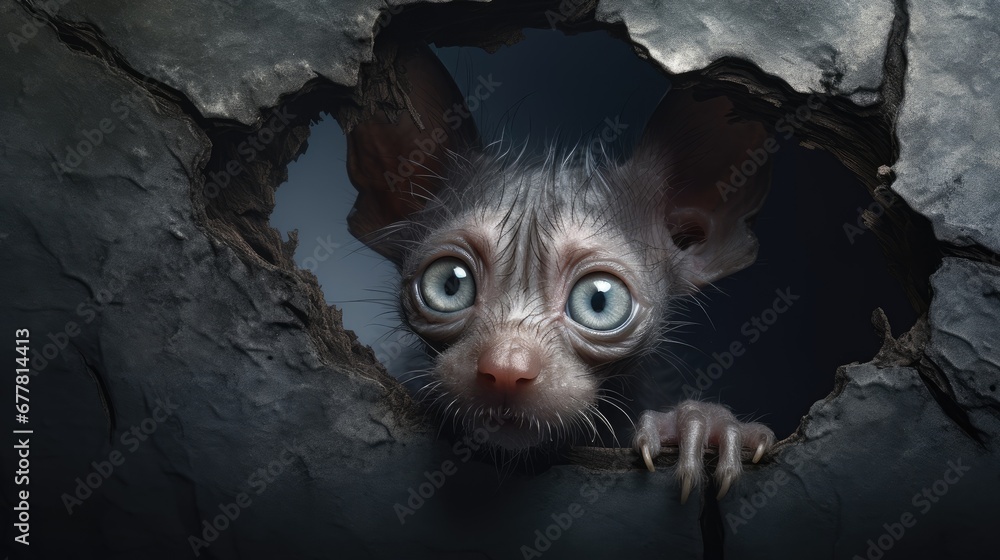 Poster a close up of a cat peeking out of a crack in a wall with its eyes wide open and looking at the came