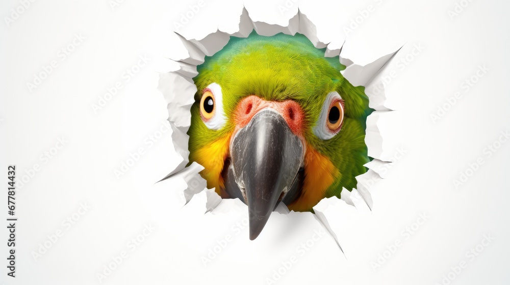 Aufkleber a close up of a parrot's face through a hole in a sheet of paper that has been torn open to reveal a