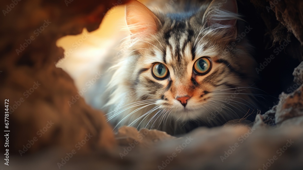 Poster a close up of a cat looking out of a cave with a light shining on it's face and a blurry background 