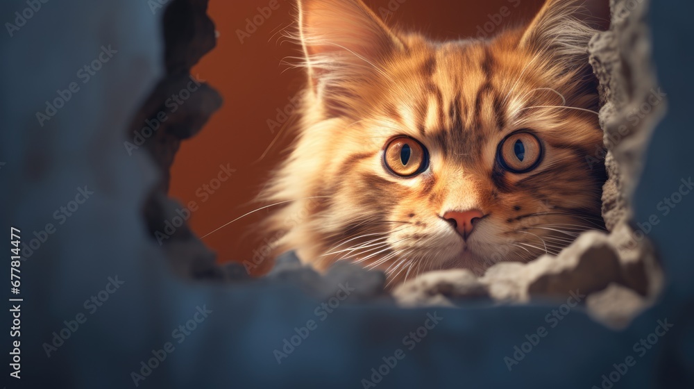 Poster a close up of a cat looking out of a hole in a wall with it's eyes wide open, with a blurry backgrou