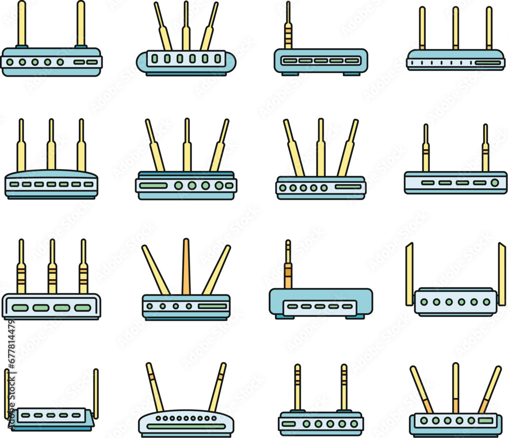 Poster modern router icons set. outline set of modern router vector icons thin line color flat on white