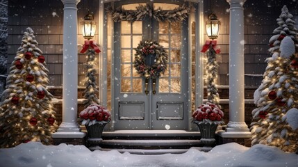  a front door decorated for christmas with a wreath and wreath on the front of the door and a wreath on the side of the door.