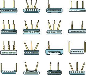 Modern router icons set. Outline set of modern router vector icons thin line color flat on white - obrazy, fototapety, plakaty
