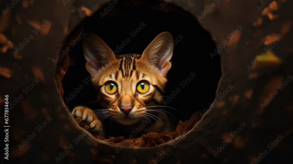 Poster a close up of a cat looking out of a hole in the ground with leaves on the ground and a cat with gre