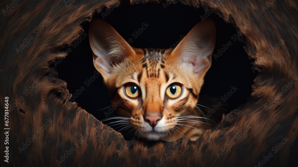 Poster a close up of a cat looking out of a hole in a wooden structure with a black background and a green 