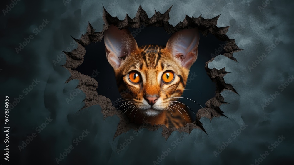 Poster  a close up of a cat looking out of a hole in a wall with a background of dark clouds and a dark background with a cat's head peeking out of a hole in the wall.