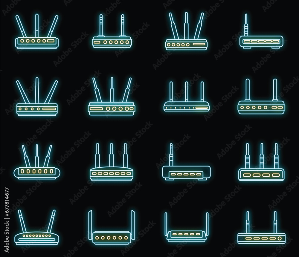 Aufkleber modern router icons set. outline set of modern router vector icons neon color on black