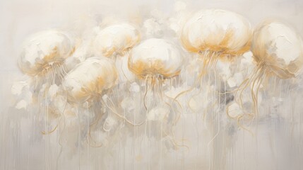  a painting of a bunch of jellyfish floating in the air with water droplets on the bottom of the painting.
