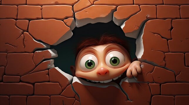  a close up of a hole in a brick wall with a cartoon character peeking out of it's hole, with a toothy smile on it's face.
