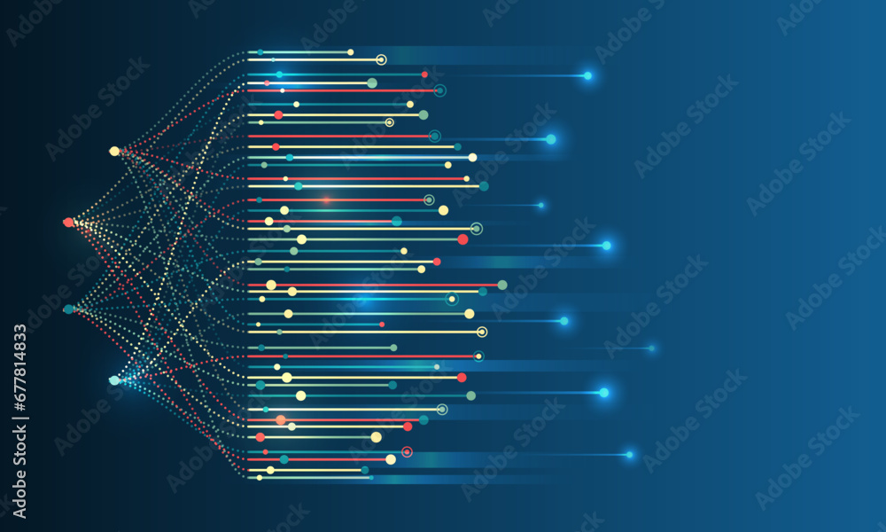 Wall mural Structuring the flow of information. Data analytics concept. Sorting a large amount of data on a dark background. Big data visualization. Futuristic network or business analytics.