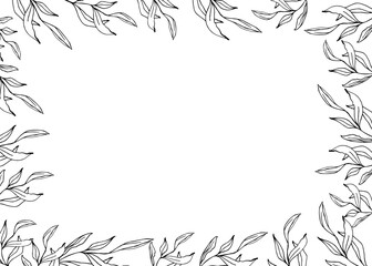 Floral eucalyptus horizontal banner frame, line art hand drawn eucalyptus leaves, vector wreath illustration for card or wedding invitation. Isolated on white background