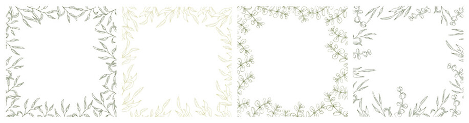 Fototapeta na wymiar Floral eucalyptus square banner frame set, line art hand drawn eucalyptus leaves, vector wreath illustration for card or wedding invitation. Isolated on white background