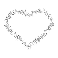 Floral heart frame, line art hand drawn eucalyptus leaves vector illustration for card or wedding invitation. Valentines Day decor, isolated on white background