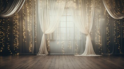 A soft backdrop of delicate white curtains, ideal for product placement, accompanied by subtle, warm lighting to enhance the presentation. - obrazy, fototapety, plakaty