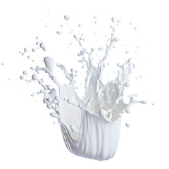 Falling milk or white liquid splash with splatters and drops isolated on transparent background. Generative AI