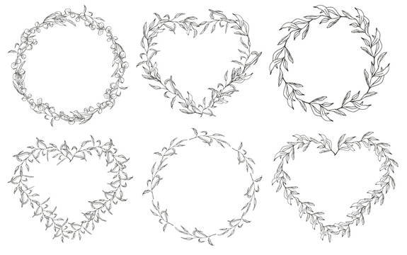 Floral Circle And Heart Frame Set, Line Art Hand Drawn Eucalyptus Leaves Wreath, Vector Illustration For Card Or Wedding Invitation. Isolated On White Background