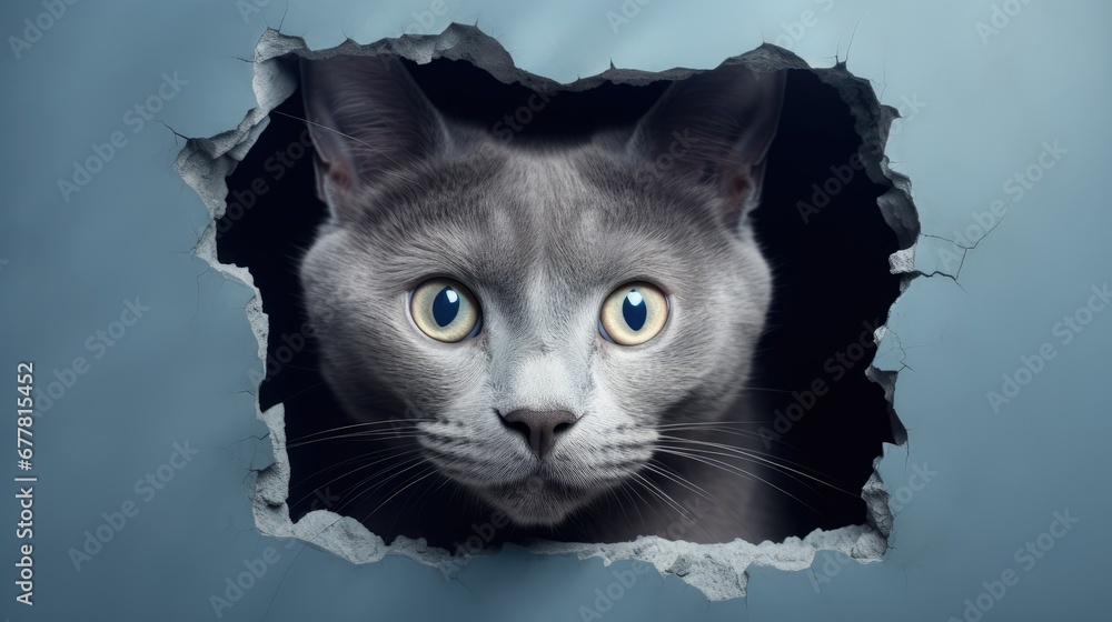 Aufkleber a close up of a cat looking out of a hole in a wall with a hole in the middle of the wall with a cat