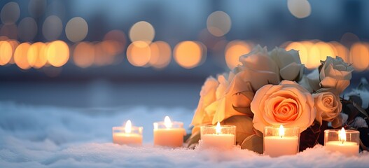 candle lights with pink rose flower bouquet field with silhouette shadow of urban city building and bokeh light as background, romantic  and good vibe atmosphere, Ai Generated