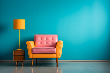 Colorful armchair on blue wall retro interior living room 