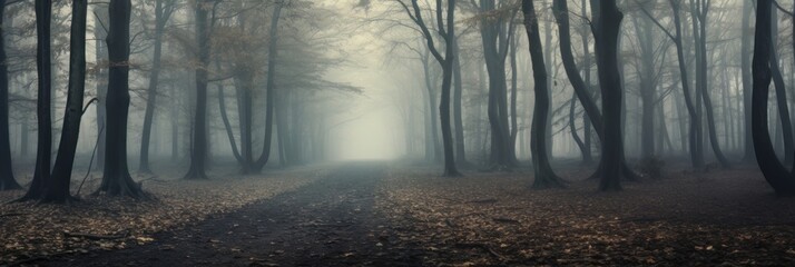 A path through a foggy forest, banner