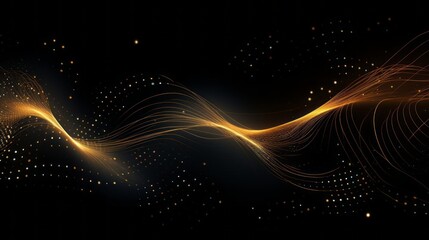 Abstract shiny gold wave design element with dot grid and glitter effect on black background....