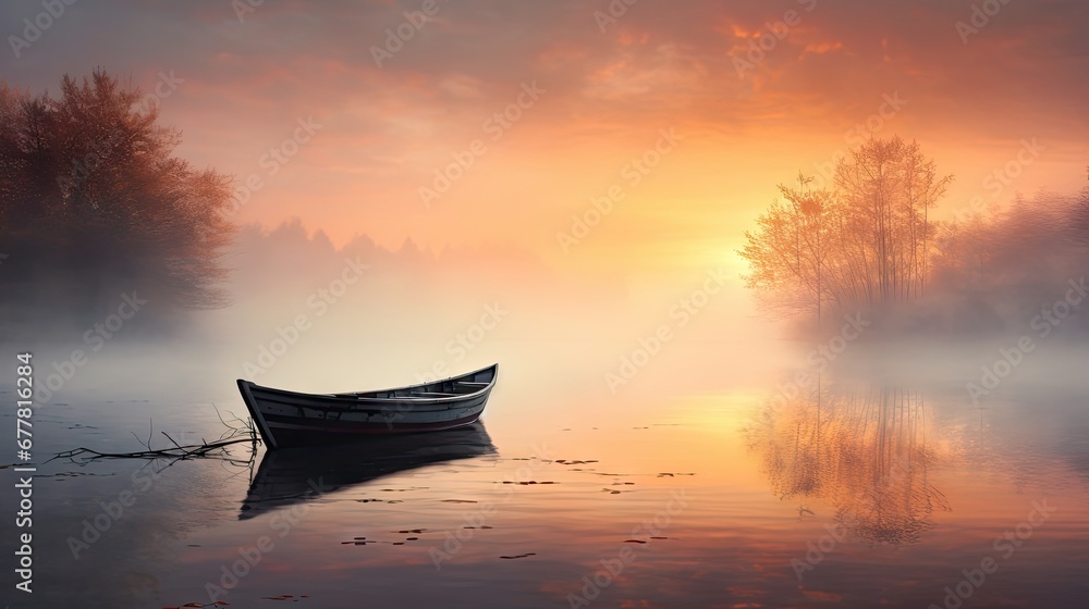 Poster a boat floating on top of a lake next to a forest covered in fog and sun shining through the clouds.
