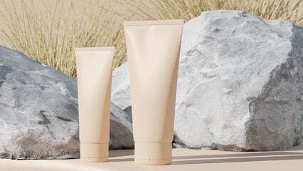 Minimal cosmetic mock up background for product presentation. Beige scene background. 3d render illustration.