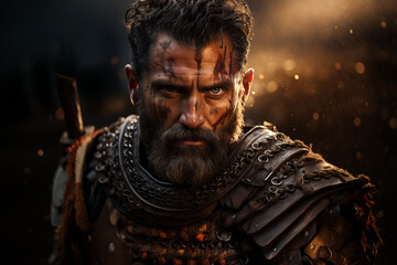 Medieval warrior, stern male gladiator with blood on his face. Epic portrait of a barbarian - obrazy, fototapety, plakaty