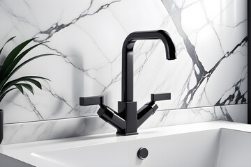 modern black minimalist faucet and sink in bathroom with marble tiles - obrazy, fototapety, plakaty