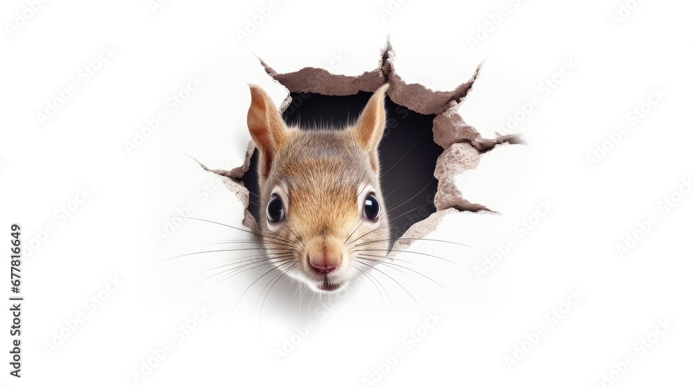 Aufkleber a close up of a squirrel looking through a hole in a wall with a hole in the side of it that has a s