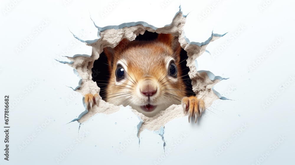 Aufkleber a close up of a squirrel looking out of a hole in a wall with a hole in the middle of it that has a 