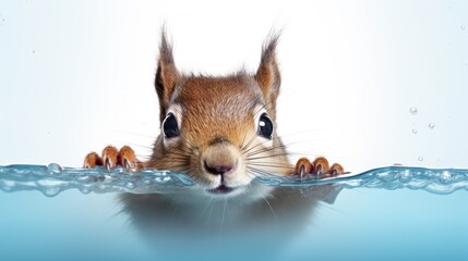  a close up of a squirrel's face sticking out of a body of water with its head above the water's surface, with water droplets surrounding it.