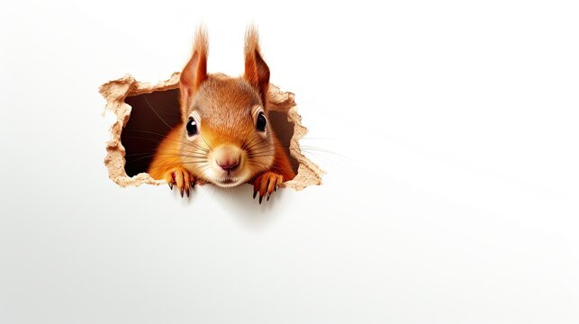  a red squirrel peeking out of a hole in a white wall with its front paws on the edge of the hole, with the background of the image of a white wall.