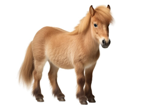 Cute brown Shetland pony standing side ways and looking to camera. Beautiful Falabella Miniature Horse Isolated on a white background. Adorable artiodactyl animal