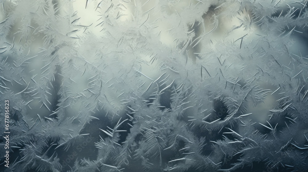 Poster a close up of a frosted window with trees in the back ground and a sky in the back ground.