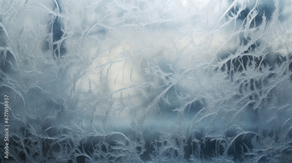 Poster a close up of a frosted window with a sky in the back ground and trees in the back ground.