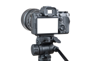 Photo camera. Digital or Dslr camera on tripod. Photographer or videographer studio for recording...