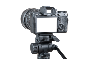 Photo camera. Digital or Dslr camera on tripod. Photographer or videographer studio for recording film project. Professional blogger, television equipment. Camera, display, lens. Isolated background