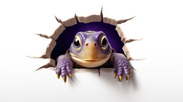  a close up of a tortoise looking out of a hole in a wall with it's head poking out of it's hole in the wall.