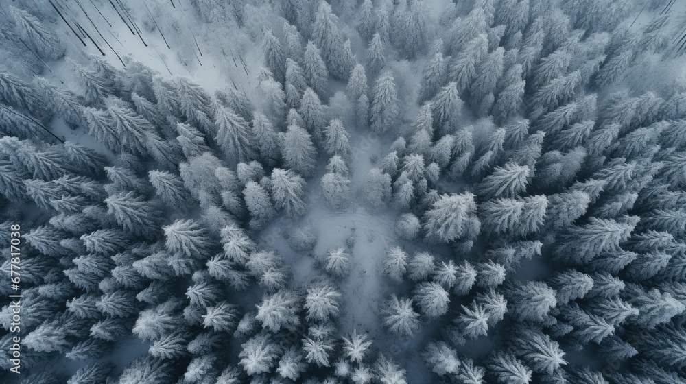 Poster an aerial view of a snow - covered forest with trees in the foreground and a train on a track in the