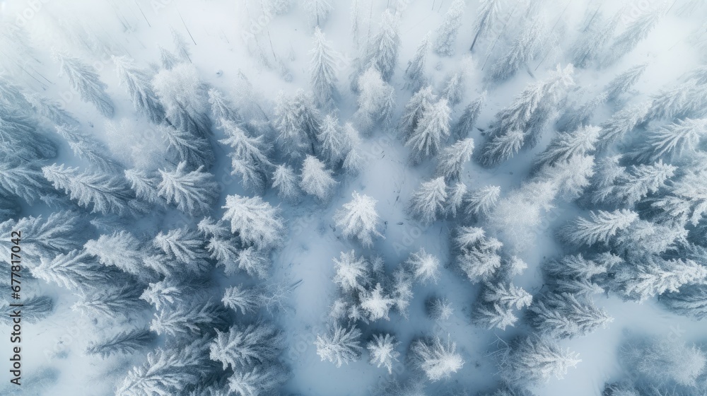 Poster an aerial view of snow - covered trees from a bird's - eye view of the tops of the trees in the fore