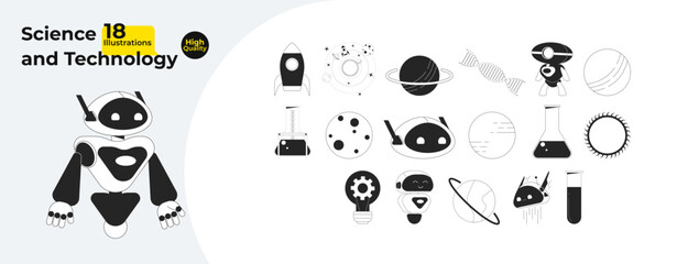 Science technology engineering black and white 2D line cartoon objects bundle. Rocket, spheres planets, lab equipment isolated vector outline items. Monochromatic flat spot illustration collection